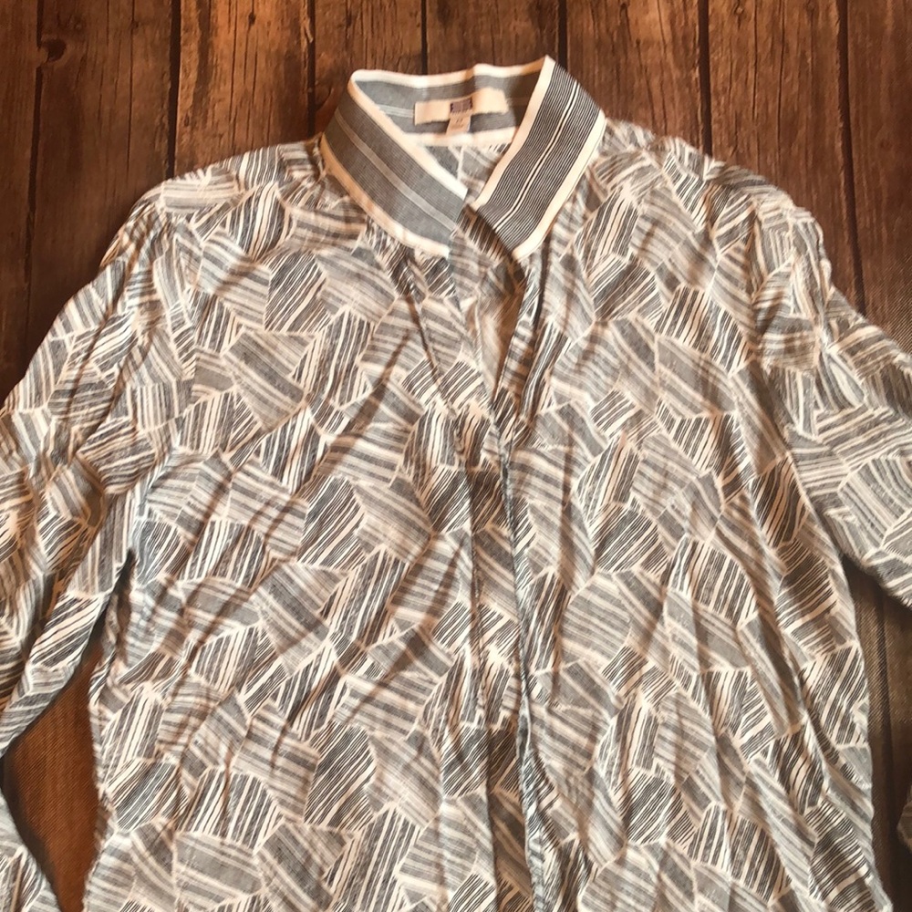 Etcetera Blouse with Black/White Line Print and Nehru Collar Sz M